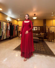 Load image into Gallery viewer, ARZOO RED 2 LAYER ANARKALI  DUPTTA SET
