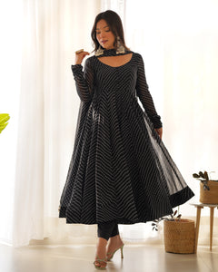 BLACK LAHERIYA ANARKALI DUPPTA SET