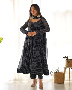 BLACK LAHERIYA ANARKALI DUPPTA SET