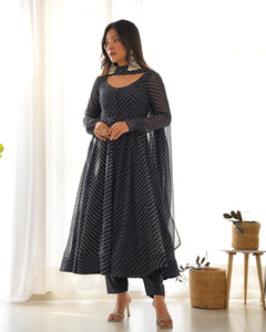 BLACK LAHERIYA ANARKALI DUPPTA SET